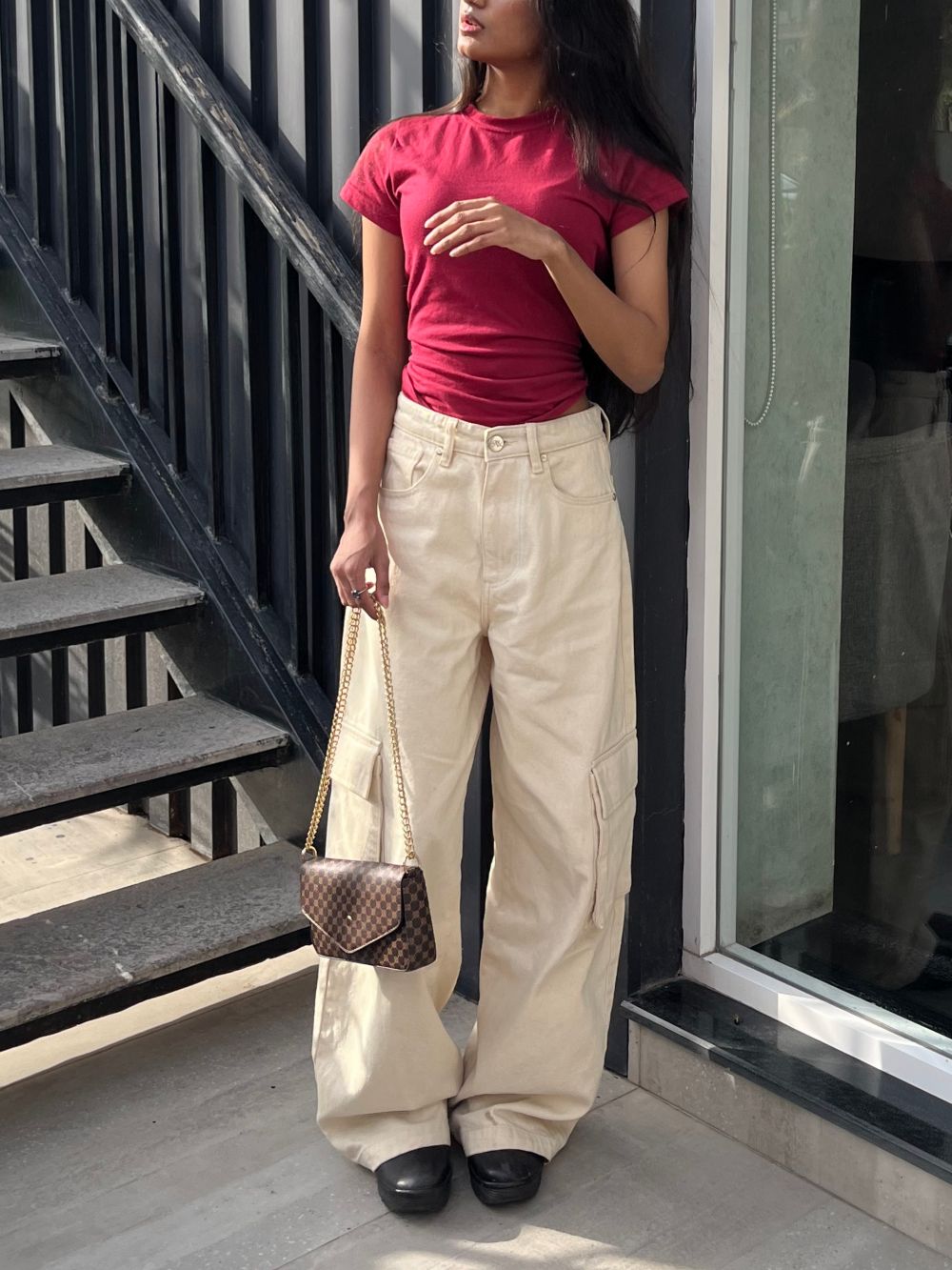 Women's Skater Cargo Jeans in Beige | Women's Denim Utility Cargo Jeans Equipped with 2 Pockets