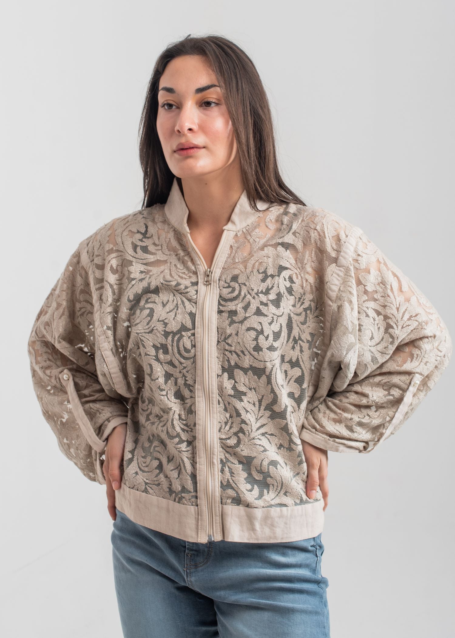 Women's Beige Zip Up Lace Blouse with Textured Patterns