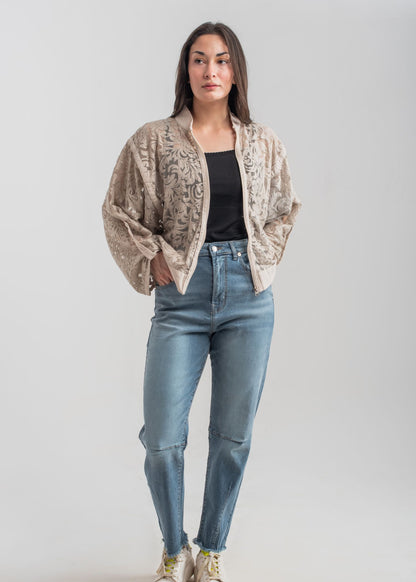 Women's Beige Zip Up Lace Blouse with Textured Patterns
