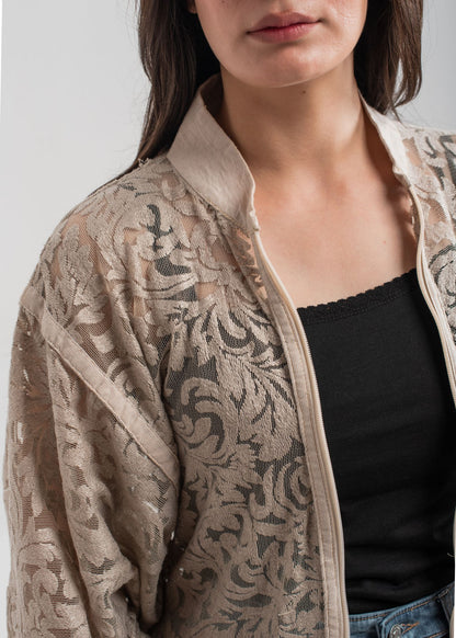 Women's Beige Zip Up Lace Blouse with Textured Patterns