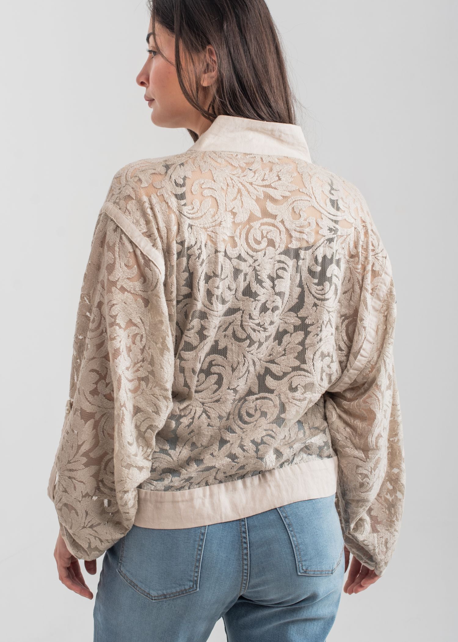Women's Beige Zip Up Lace Blouse with Textured Patterns
