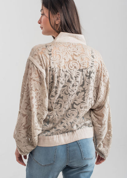Women's Beige Zip Up Lace Blouse with Textured Patterns