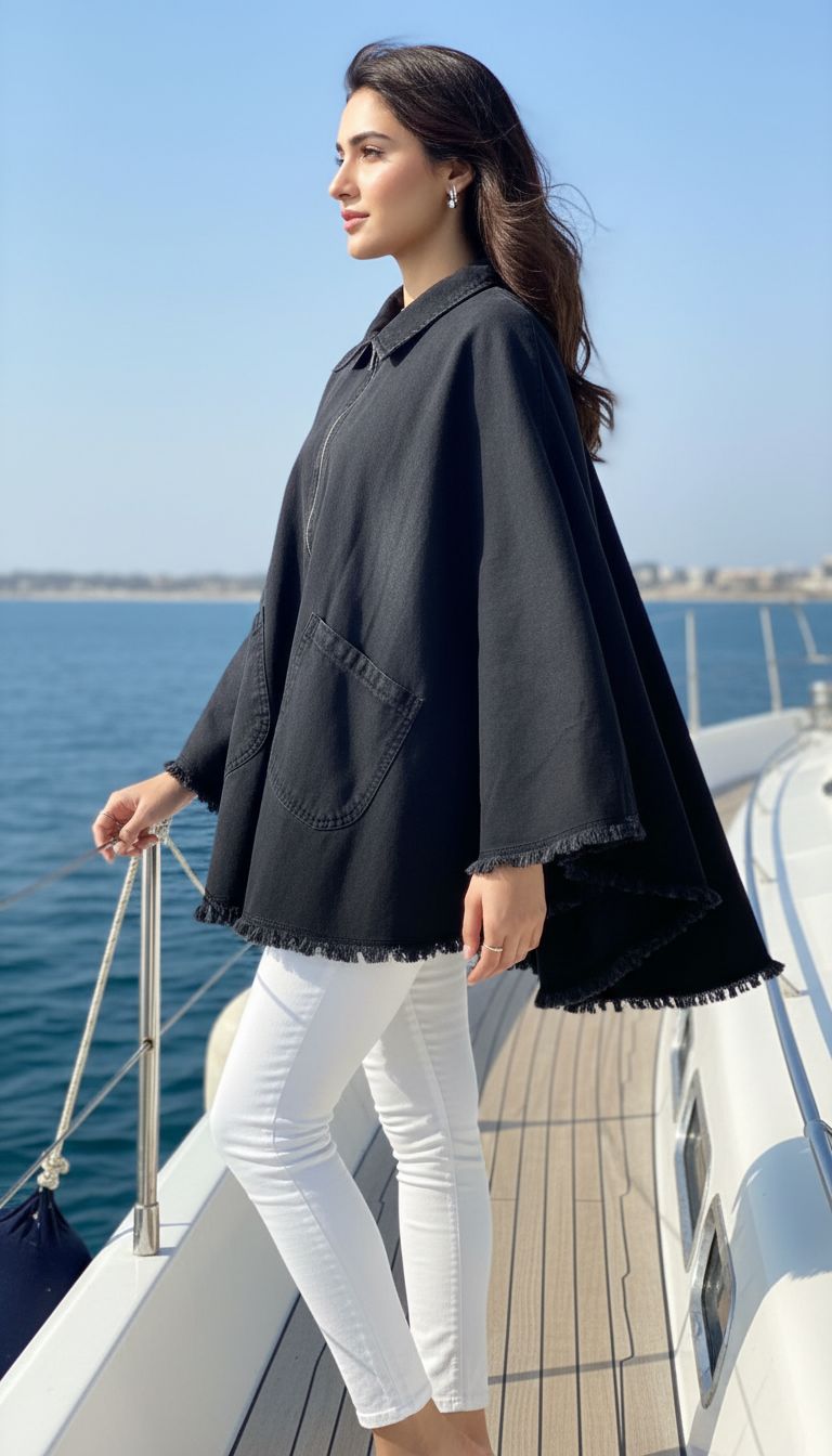 Women's Denim Poncho in Black