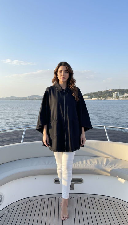 Women's Denim Poncho in Black