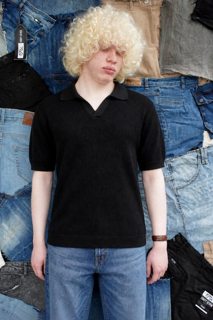 Men's Short-sleeve Knitted Polo Shirt in Black by 1947 Cothing