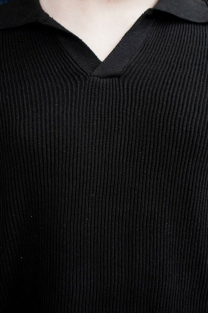 A Close-up of Men's Black Ribbed Knit V-neck Top with a Collar