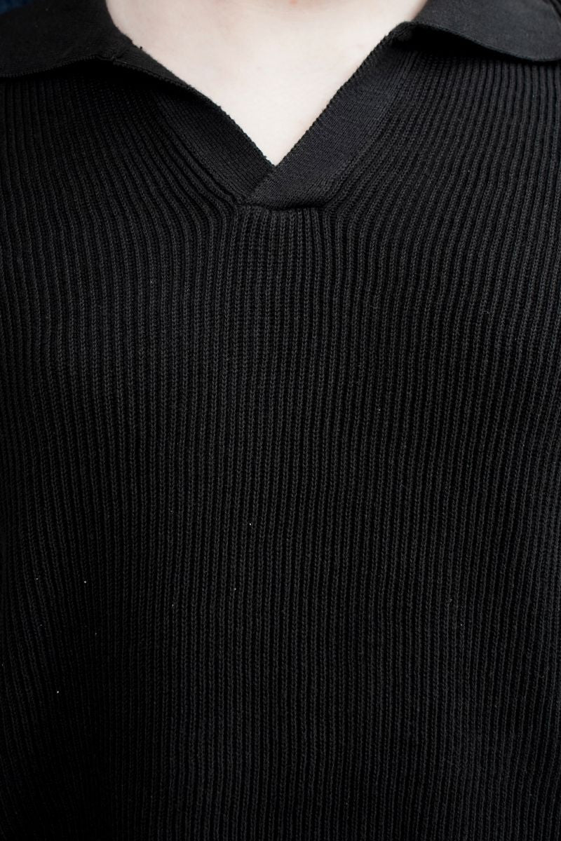 A Close-up of Men's Black Ribbed Knit V-neck Top with a Collar
