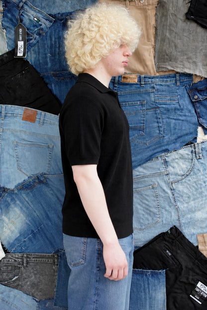 Side-view of Men's Black Knitted Polo Shirt
