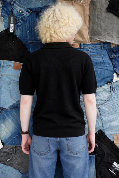 Back-view of Men's Black Knitted Polo Shirt