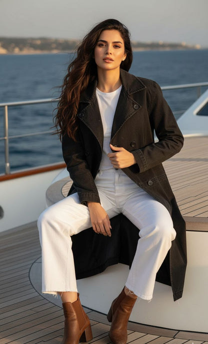 Women's Lapel Long Coat in Black Crafted from Premium Denim