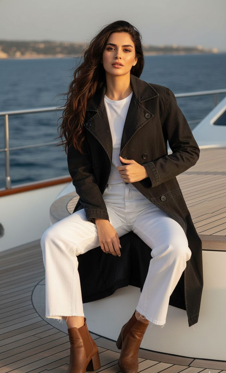 Women's Lapel Long Coat in Black Crafted from Premium Denim