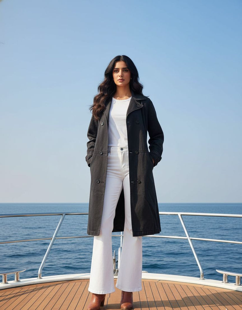 Women's Lapel Long Coat in Black Crafted from Premium Denim
