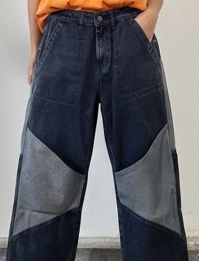 Men's Patchline Jeans in Black Featuring a Relaxed, Baggy Fit Silhouette with Cross Front Patch Pockets near the knee and the Back 