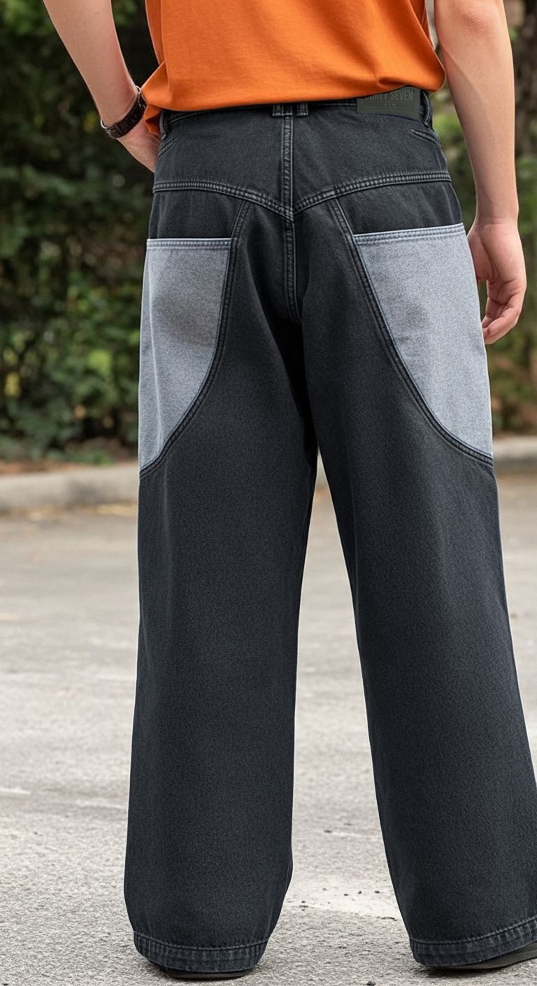 Men's Patchline Jeans in Black Featuring a Relaxed, Baggy Fit Silhouette with Cross Front Patch Pockets near the knee and the Back 