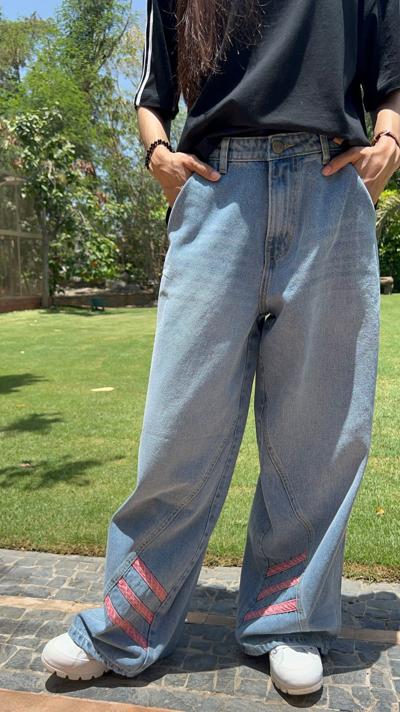 Women's light blue relaxed pant with blush accents by 1947 Clothing
