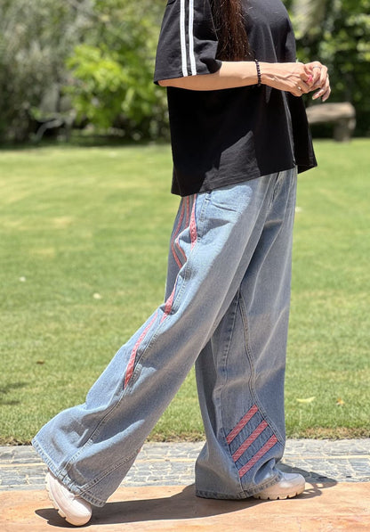Women's light blue relaxed pant with blush accents by 1947 Clothing