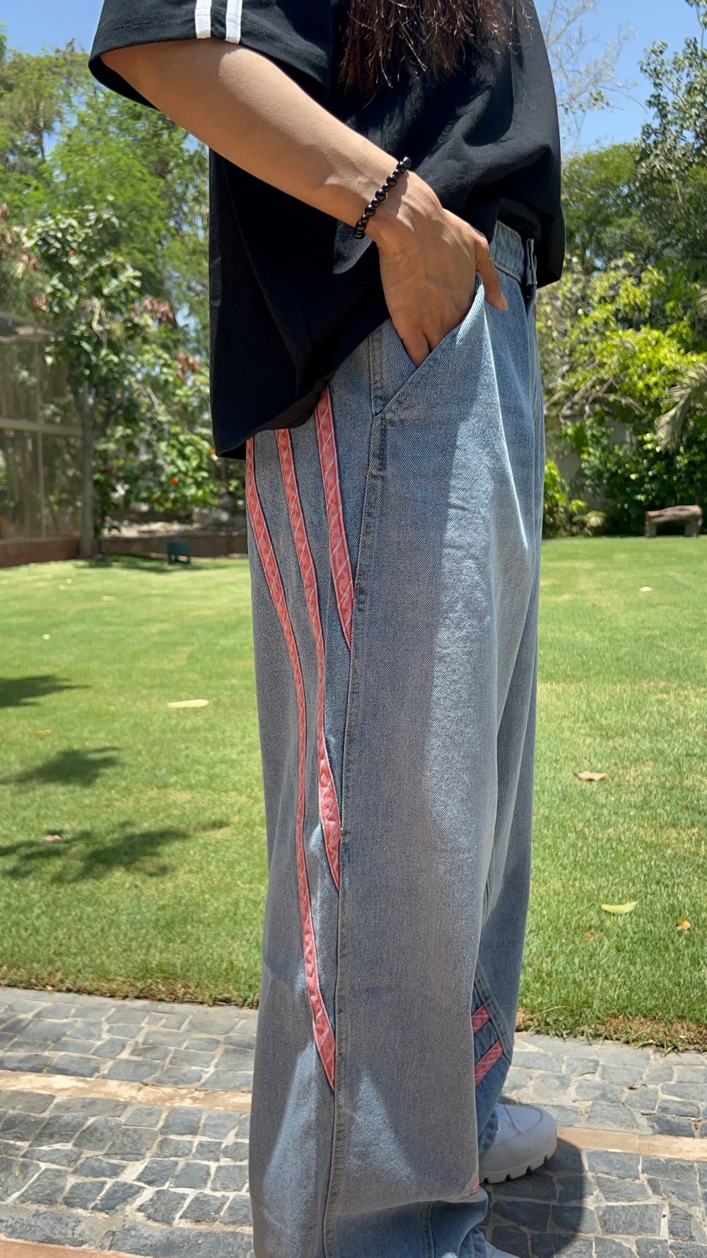 Women's light blue relaxed pant with blush accents by 1947 Clothing