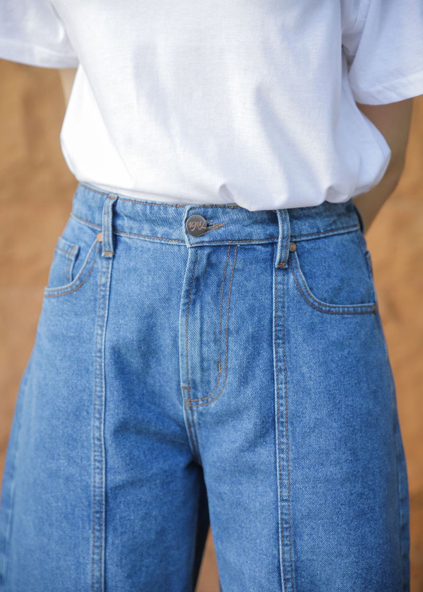 Women's Denim Jeans in Blue with a Center Seam Design