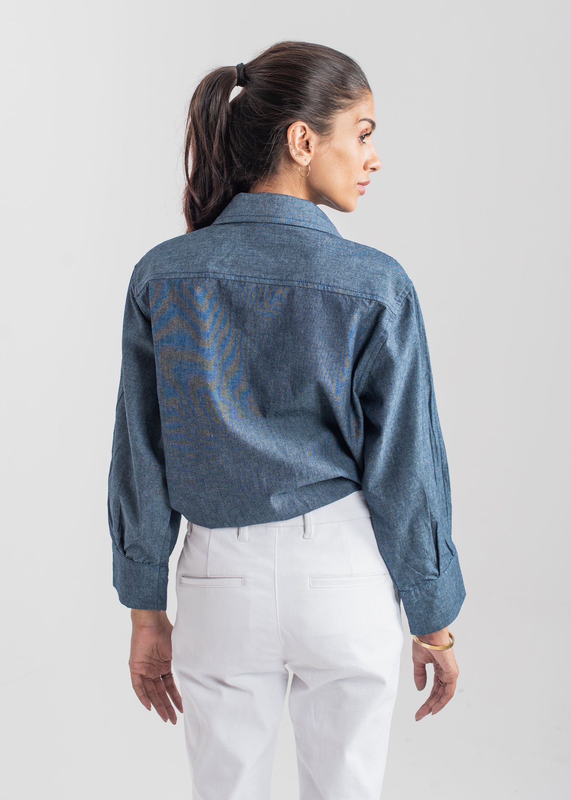 Women's Blue Chambray Shirt with a Collar