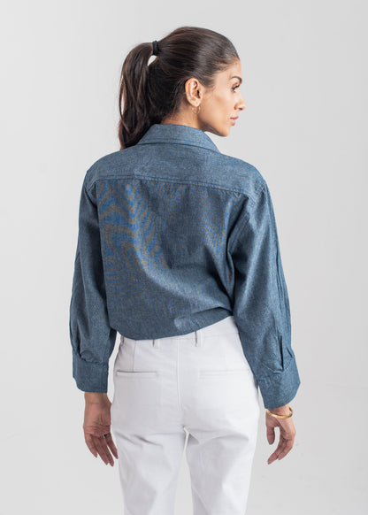 Women's Blue Chambray Shirt with a Collar