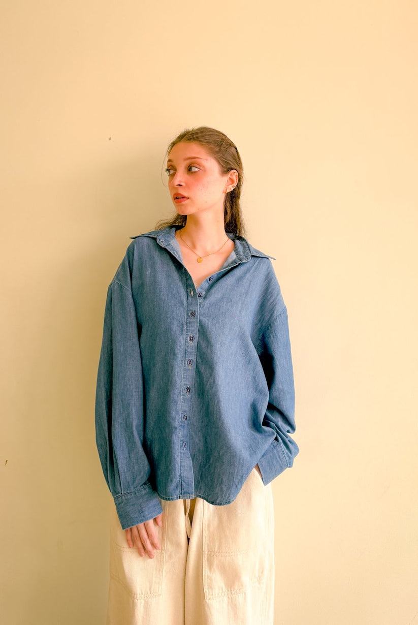 Women's Denim Boxy Shirt in Blue, Featuring Full Sleeves and a Trendy Drop Shoulder Design