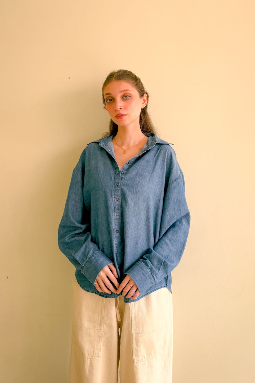 Women's Denim Boxy Shirt in Blue, Featuring Full Sleeves and a Trendy Drop Shoulder Design