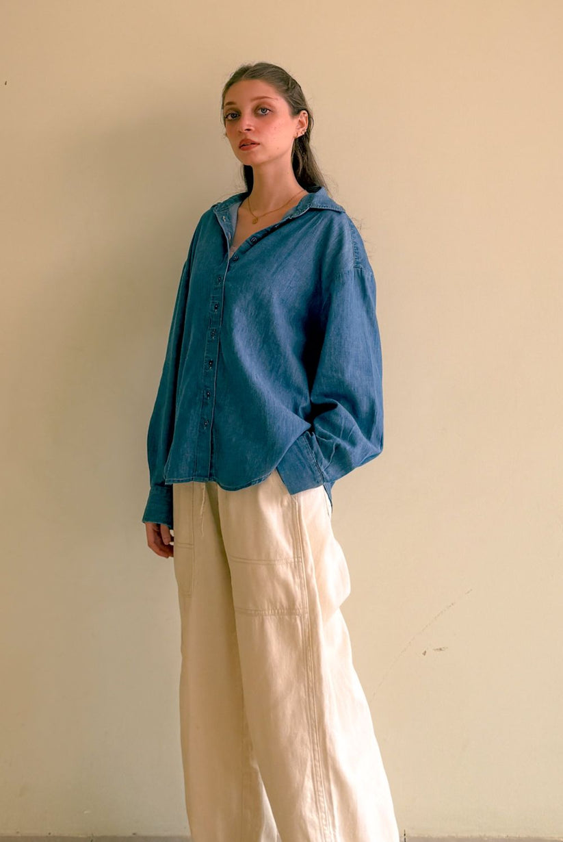 Women's Denim Boxy Shirt in Blue, Featuring Full Sleeves and a Trendy Drop Shoulder Design