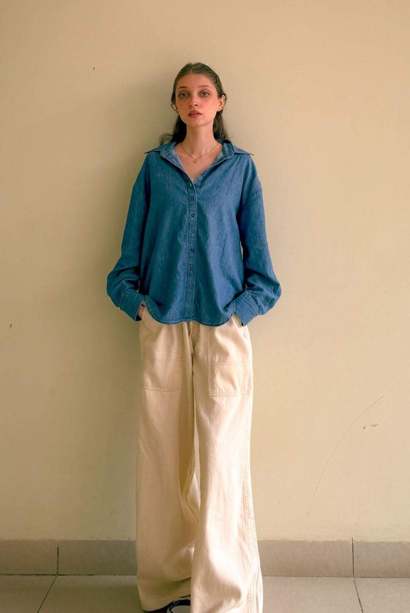 Women's Denim Boxy Shirt in Blue, Featuring Full Sleeves and a Trendy Drop Shoulder Design