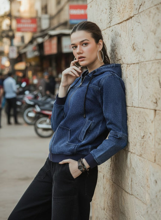Women's Denim Hoodie in Blue with Zipper