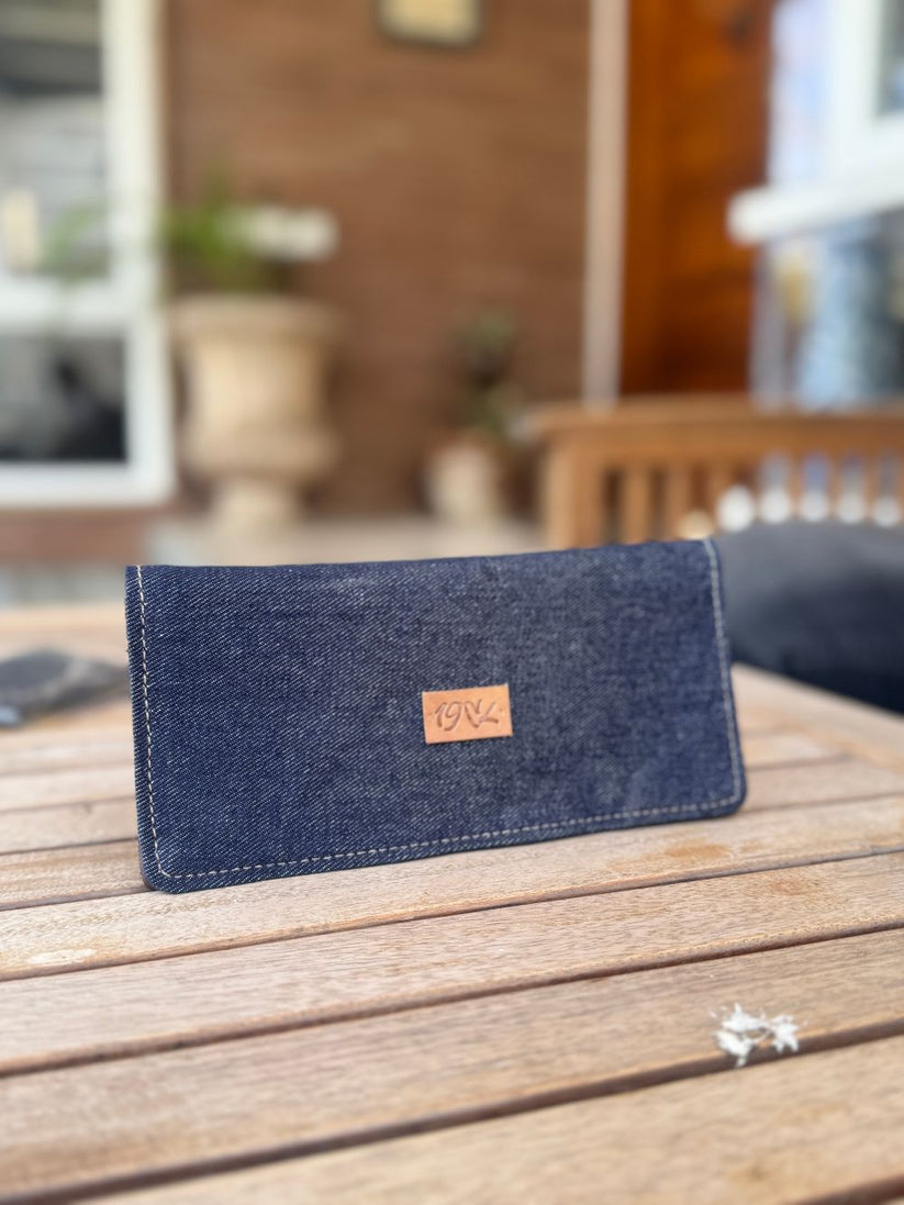 Blue Long Denim Cardholder with spacious design by 1947 Clothing