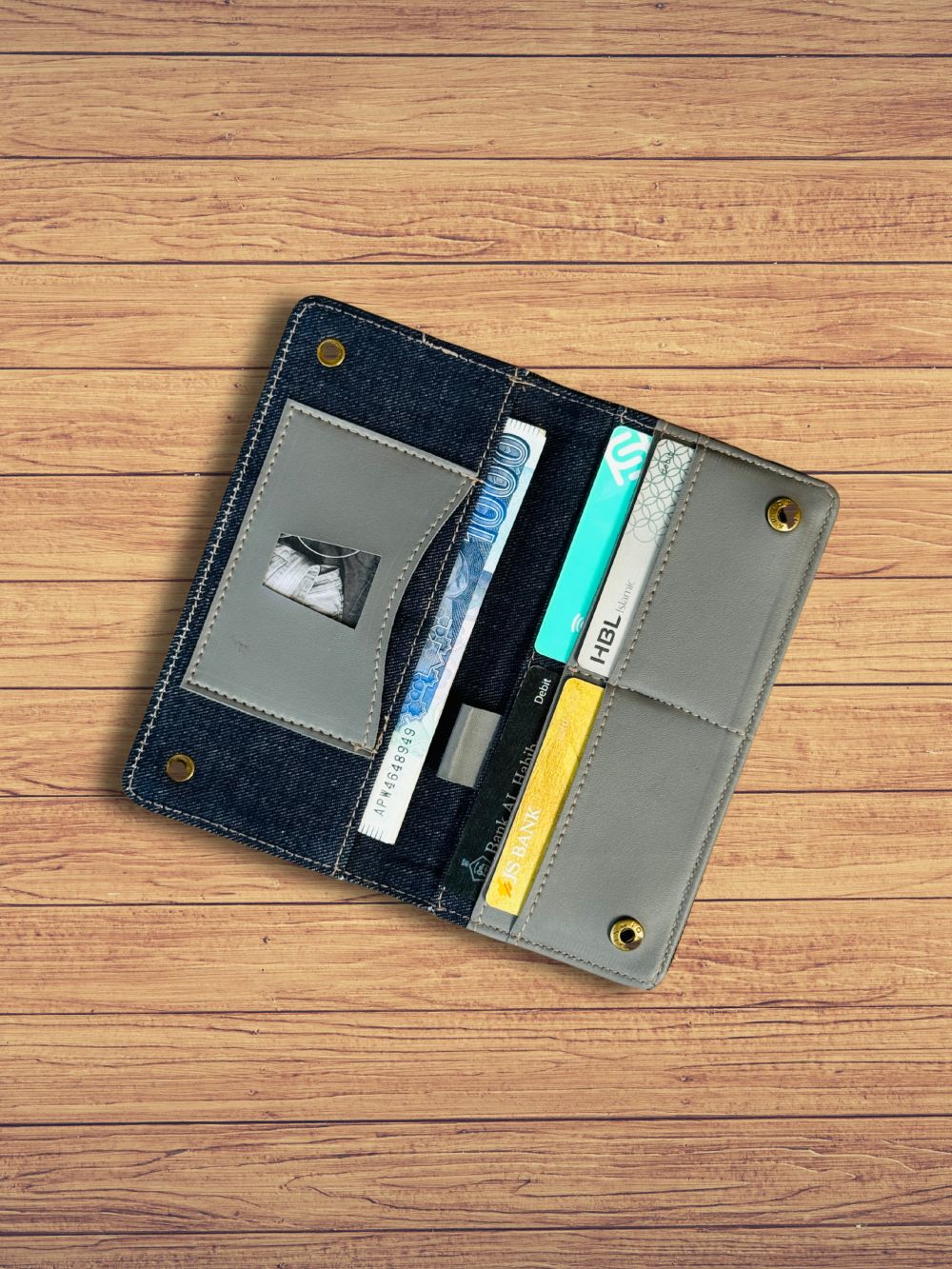 Blue Long Denim Cardholder with spacious design by 1947 Clothing