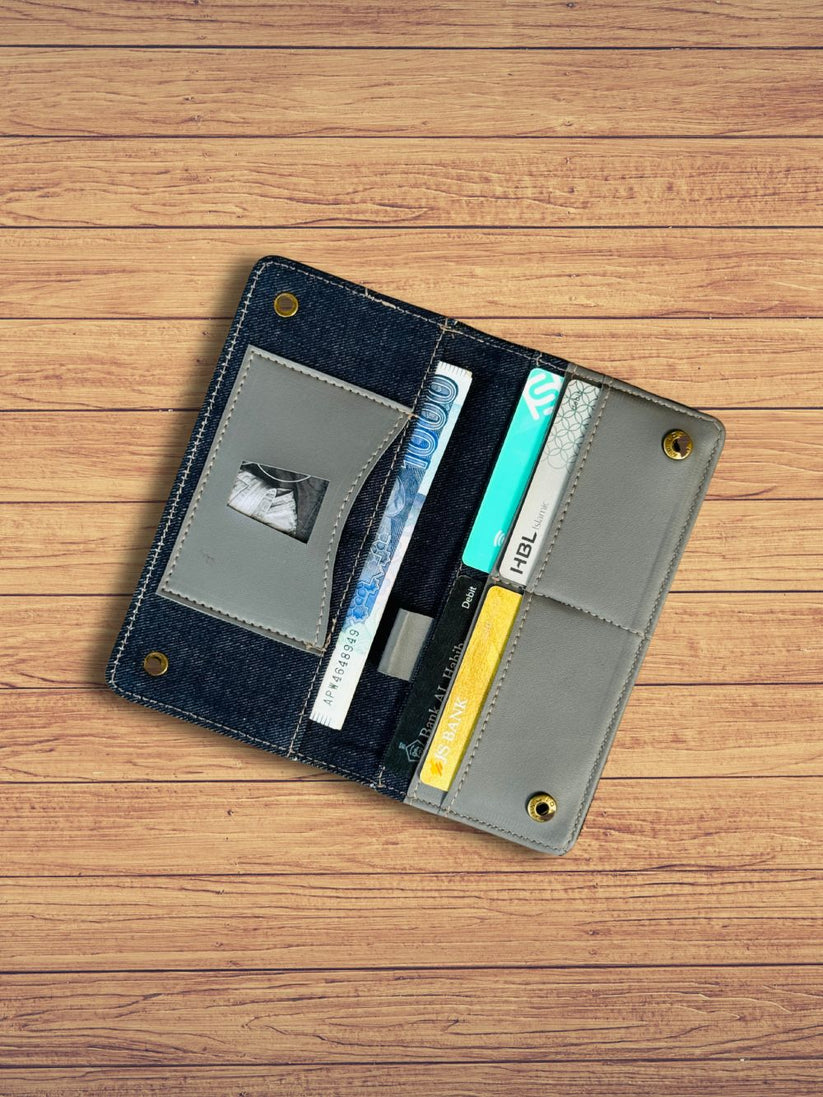 Blue Long Denim Cardholder with spacious design by 1947 Clothing