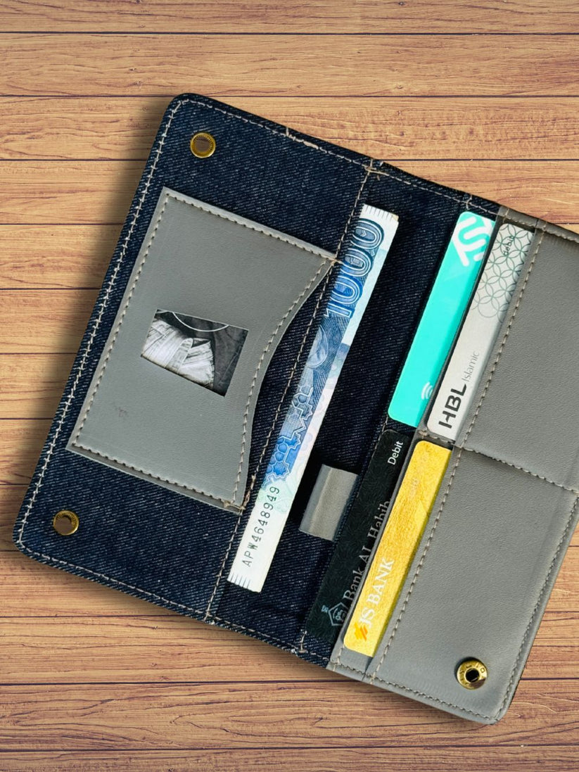Blue Long Denim Cardholder with spacious design by 1947 Clothing