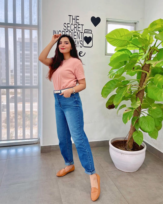 Women's Mom Jeans in Blue with a Straight Style and a High, Rounded Waist.