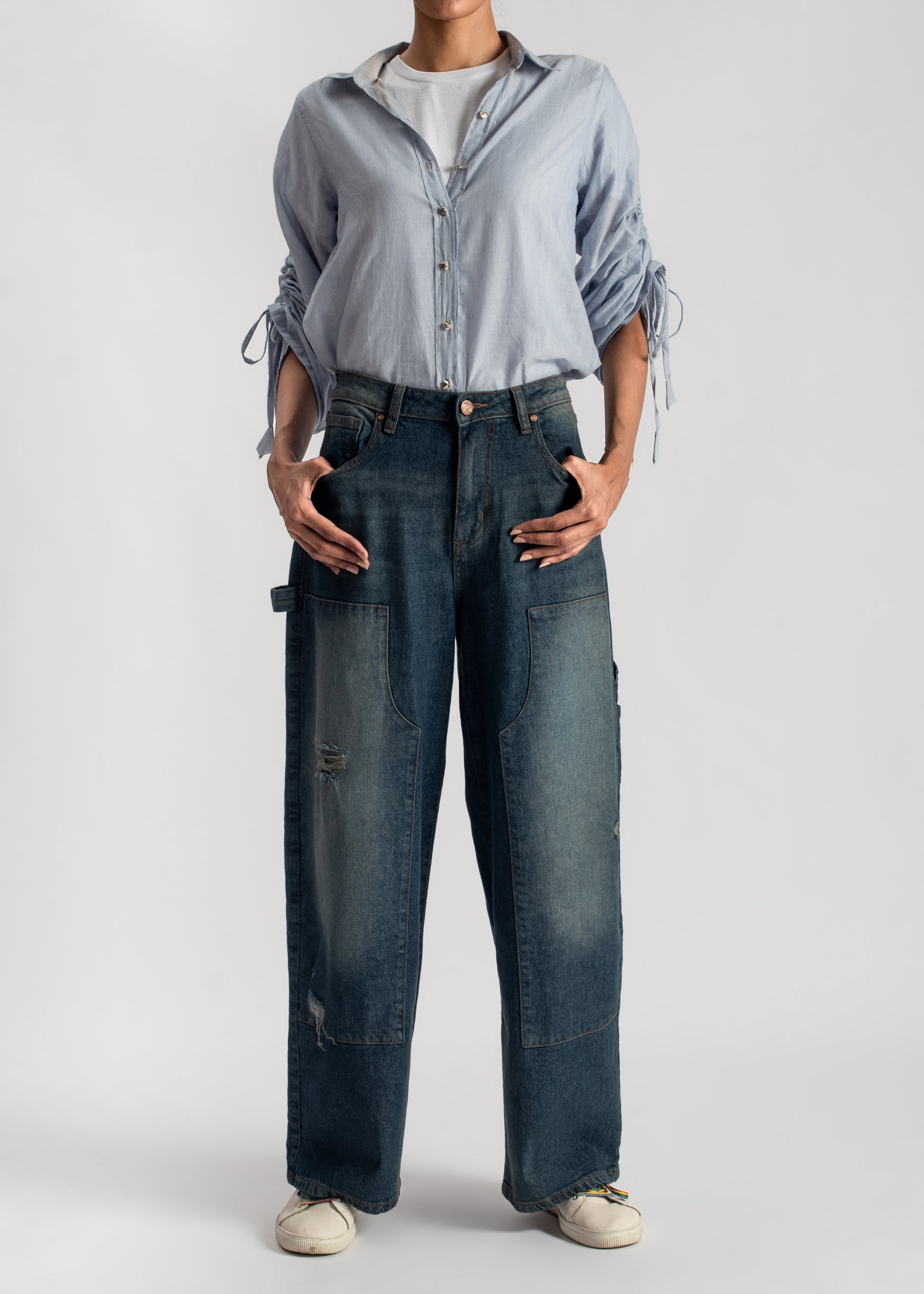 women's skater jeans in blue with a subtle green tint
