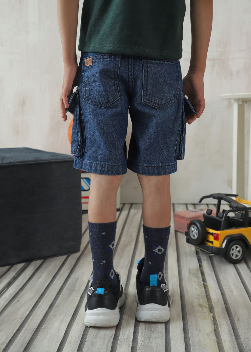 Boys' regular fit dark blue cargo shorts with utility pockets