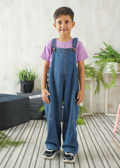 Boys' regular fit mid blue denim dungaree with adjustable shoulder straps