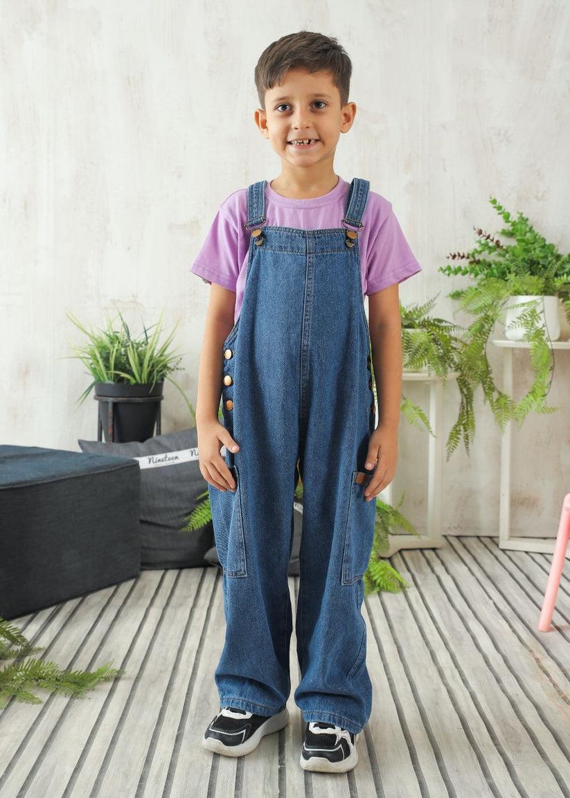 Boys' regular fit mid blue denim dungaree with adjustable shoulder straps
