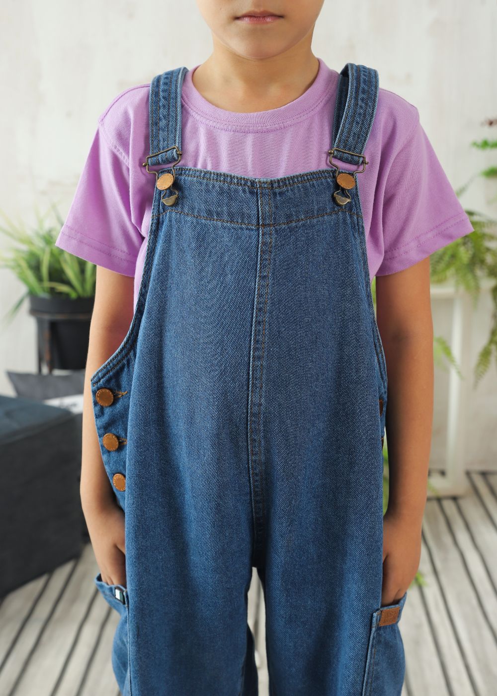 Boys' regular fit mid blue denim dungaree with adjustable shoulder straps
