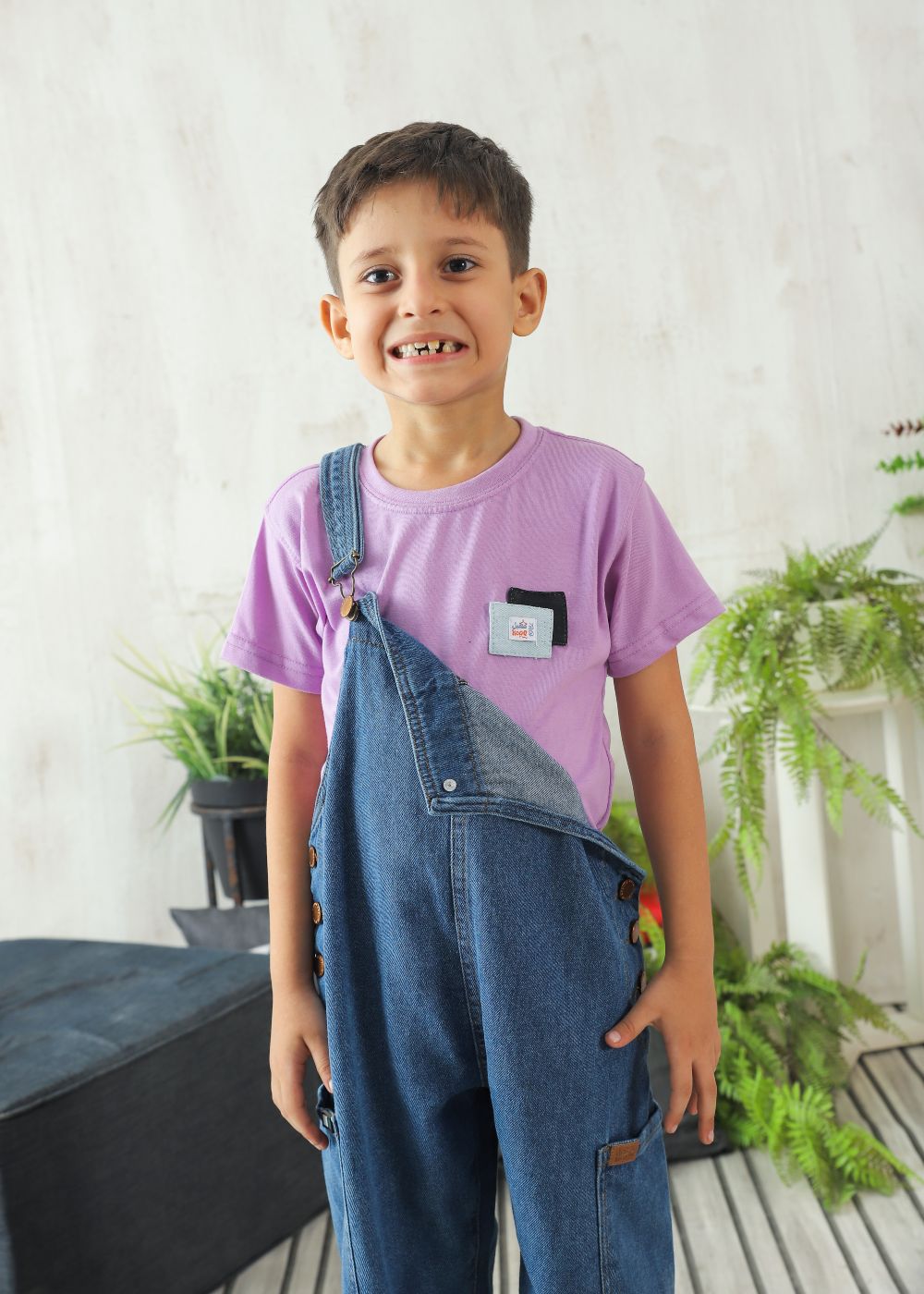 Boys' regular fit mid blue denim dungaree with adjustable shoulder straps