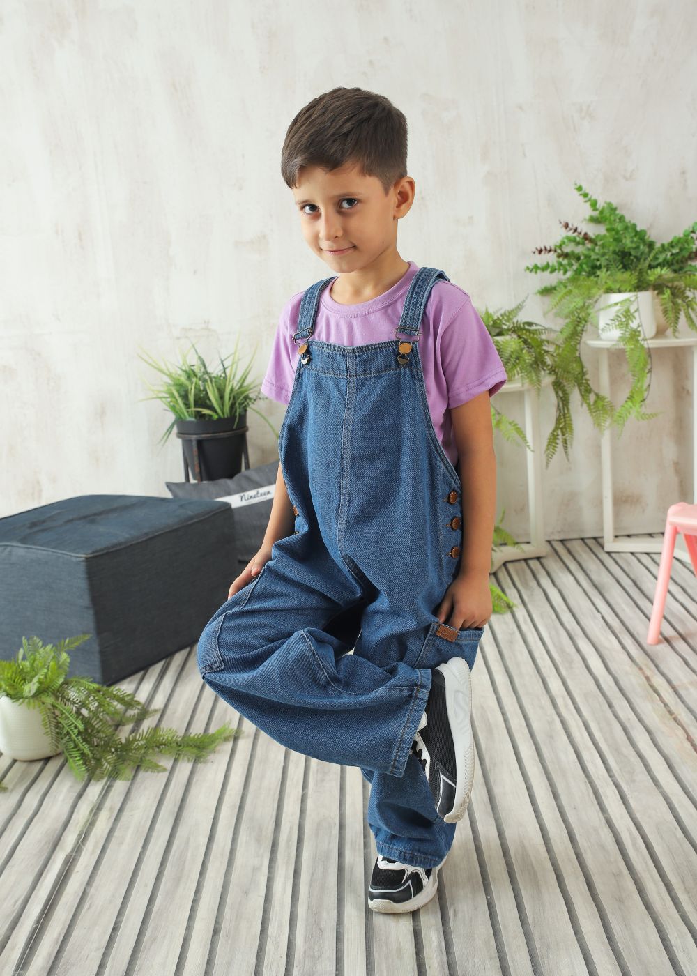 Boys' regular fit mid blue denim dungaree with adjustable shoulder straps