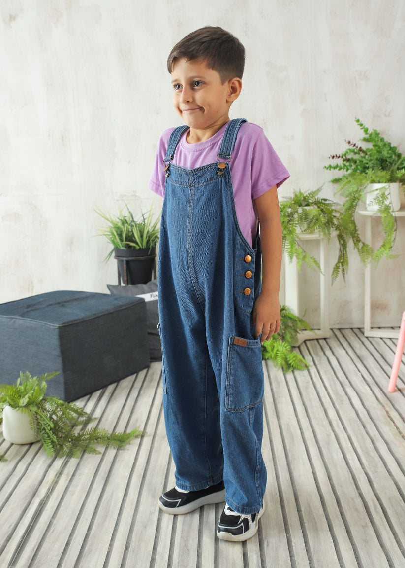 Boys' regular fit mid blue denim dungaree with adjustable shoulder straps
