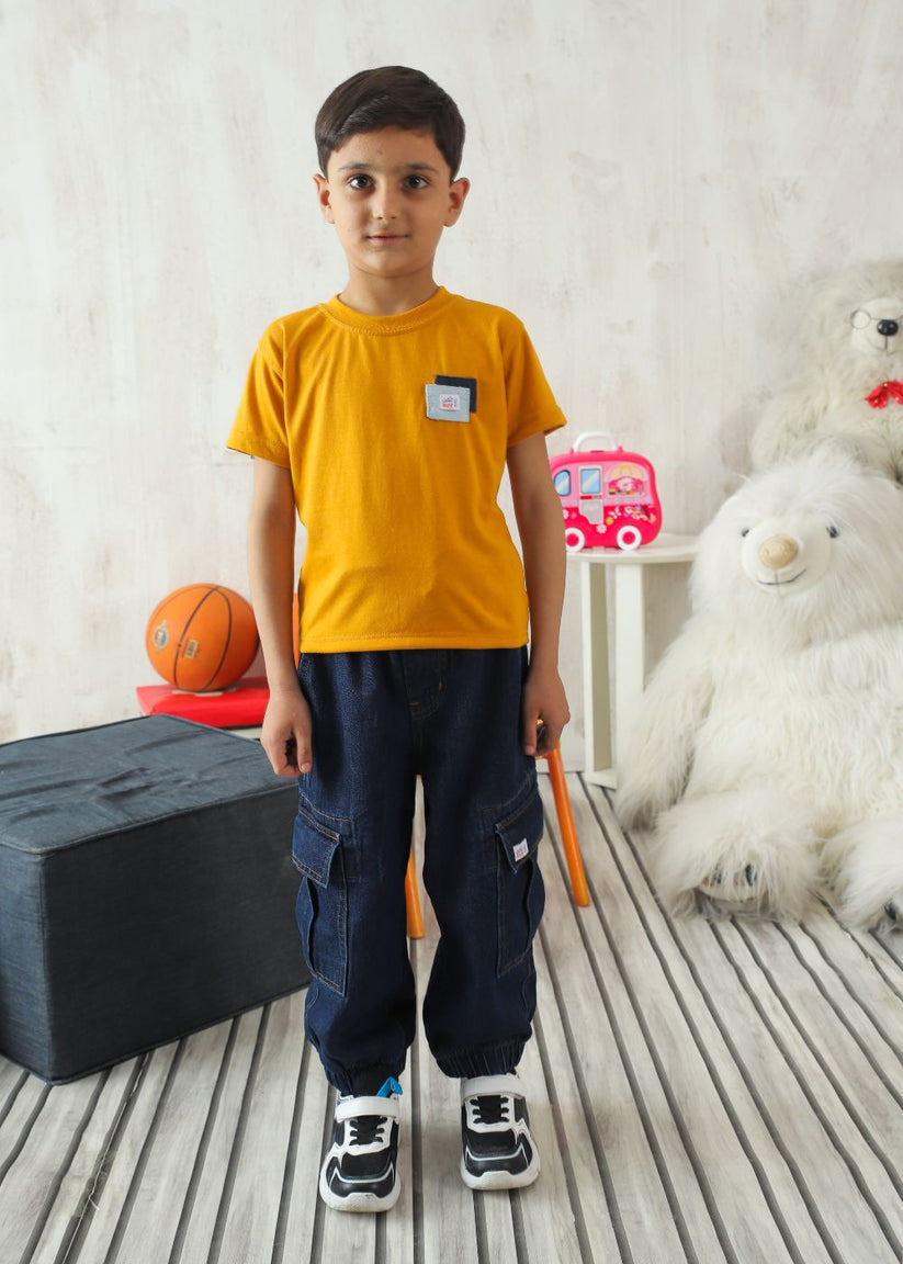 Boys' relaxed fit dark blue cargo jeans with utility pocket detailing