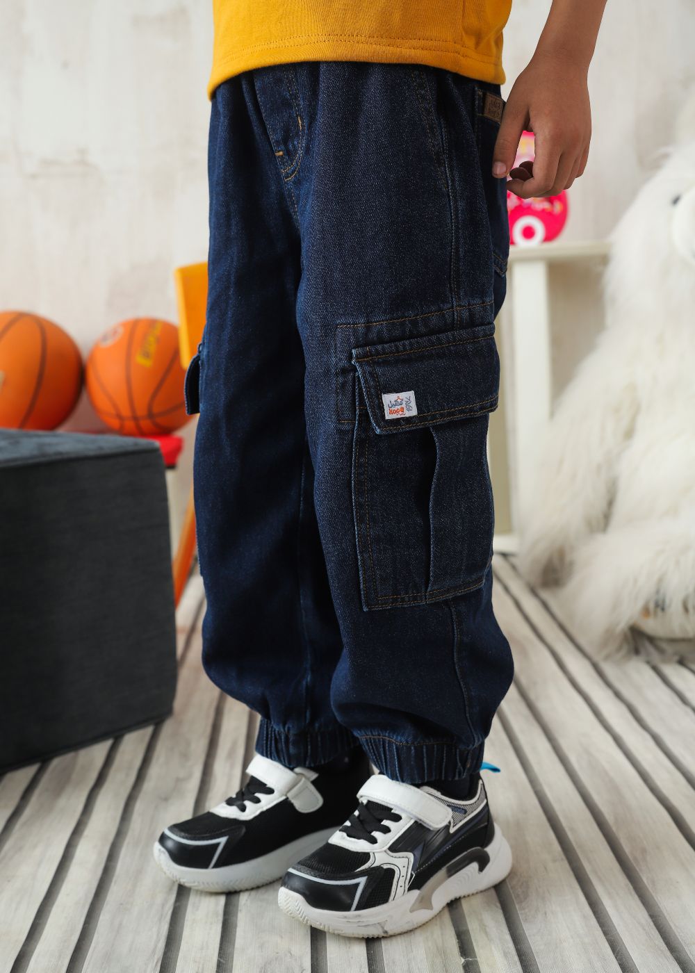 Boys' relaxed fit dark blue cargo jeans with utility pocket detailing