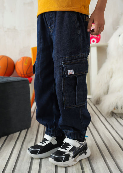 Boys' relaxed fit dark blue cargo jeans with utility pocket detailing