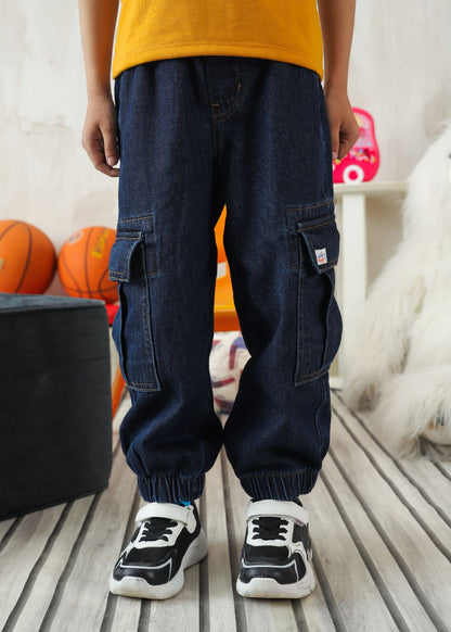 Boys' relaxed fit dark blue cargo jeans with utility pocket detailing