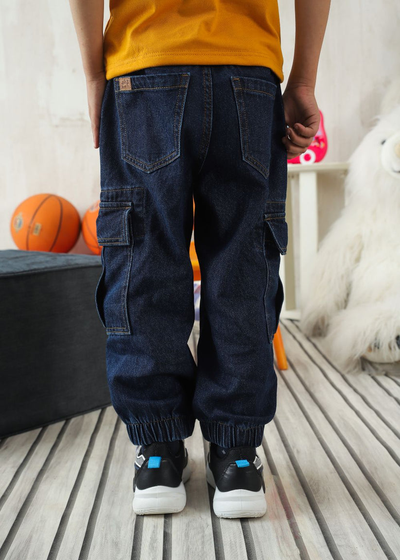 Boys' relaxed fit dark blue cargo jeans with utility pocket detailing