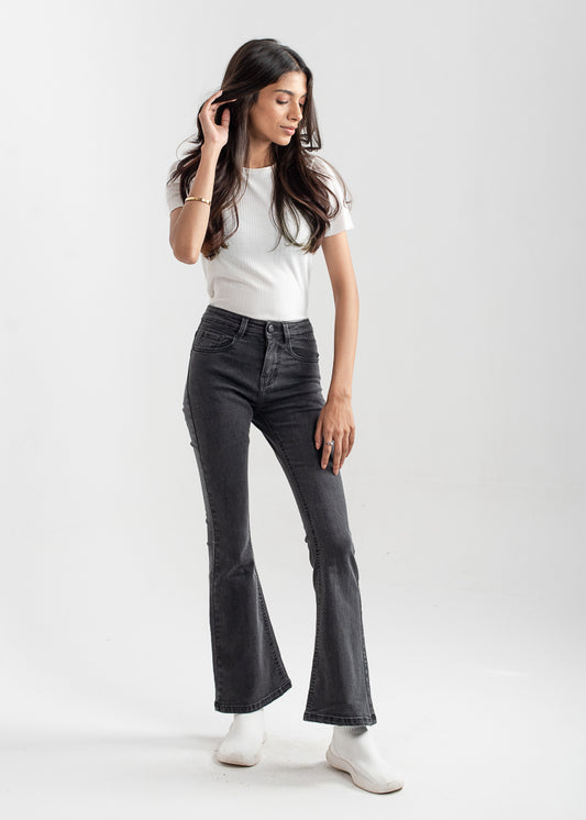 Mid-Rise Women's Bootcut Denim Jeans in Charcoal Grey