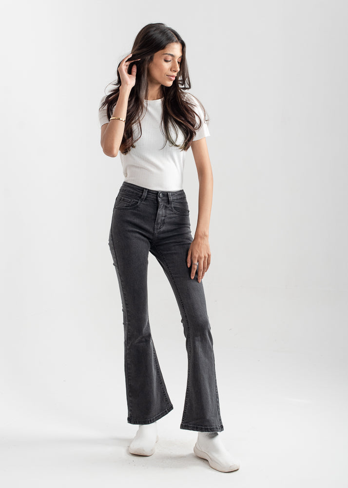 Mid-Rise Women's Bootcut Denim Jeans in Charcoal Grey