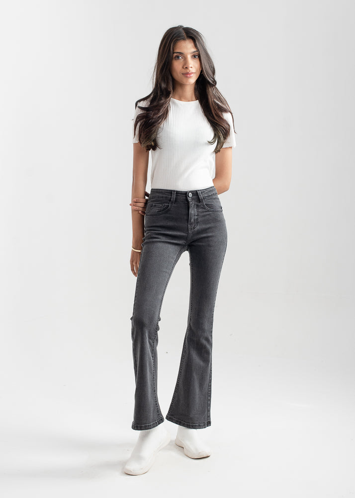 Mid-Rise Women's Bootcut Denim Jeans in Charcoal Grey
